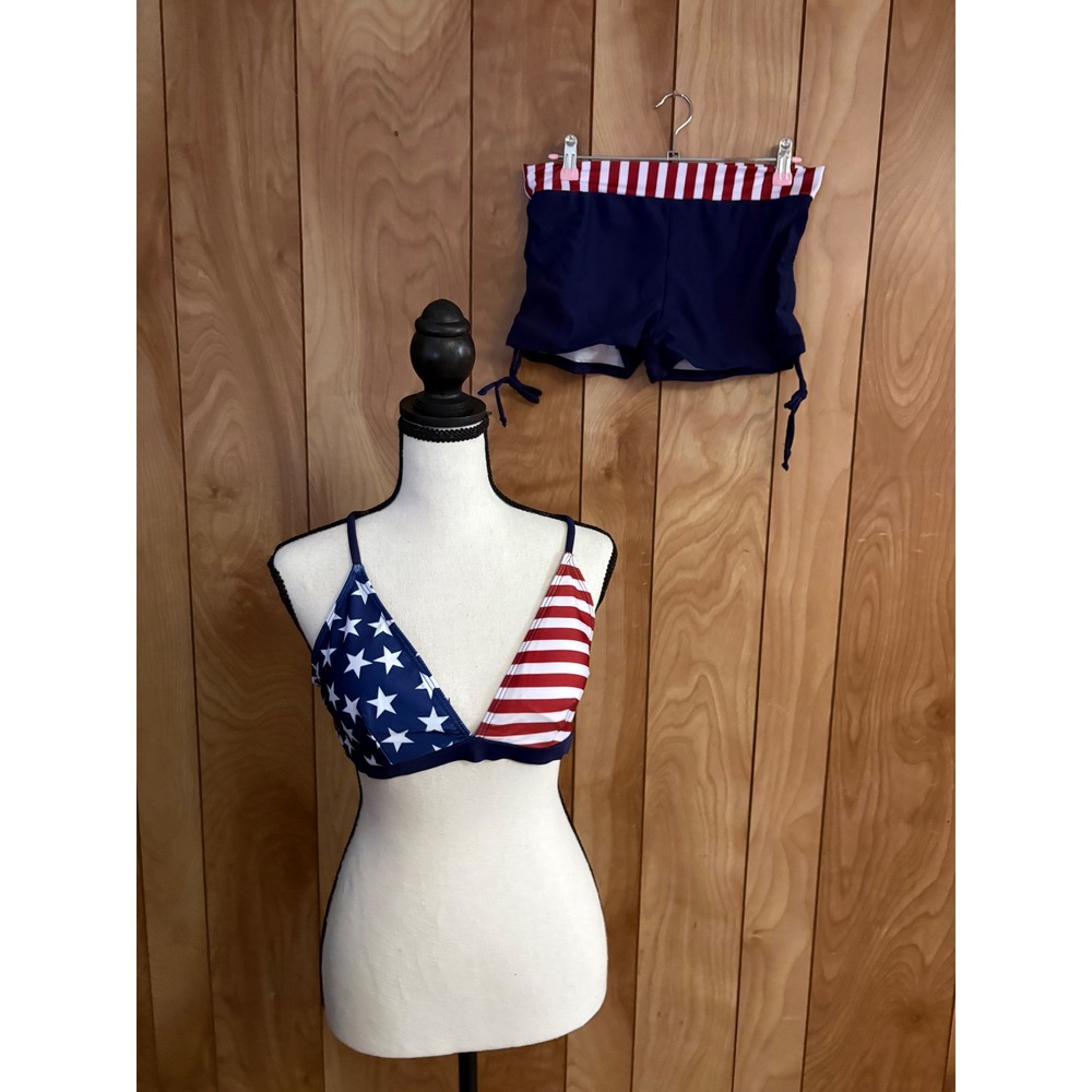 American Flag Bikini Set Stars Stripes Patriotic Two Piece Swimsuit Shorts Large